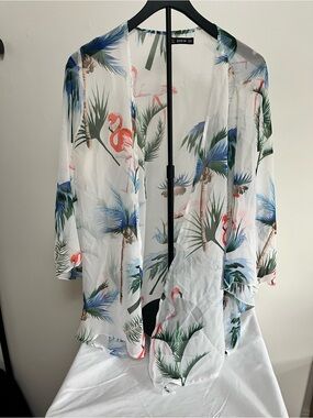 SHEIN White Sheer Kimono with Coral & Blue Tropical Print